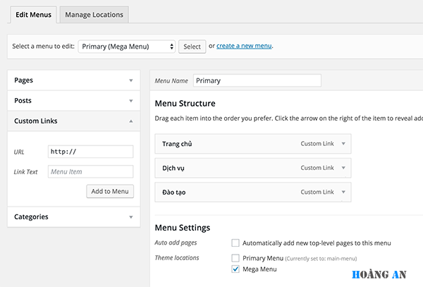 Tạo mega menu cho wordpress không dùng plugin